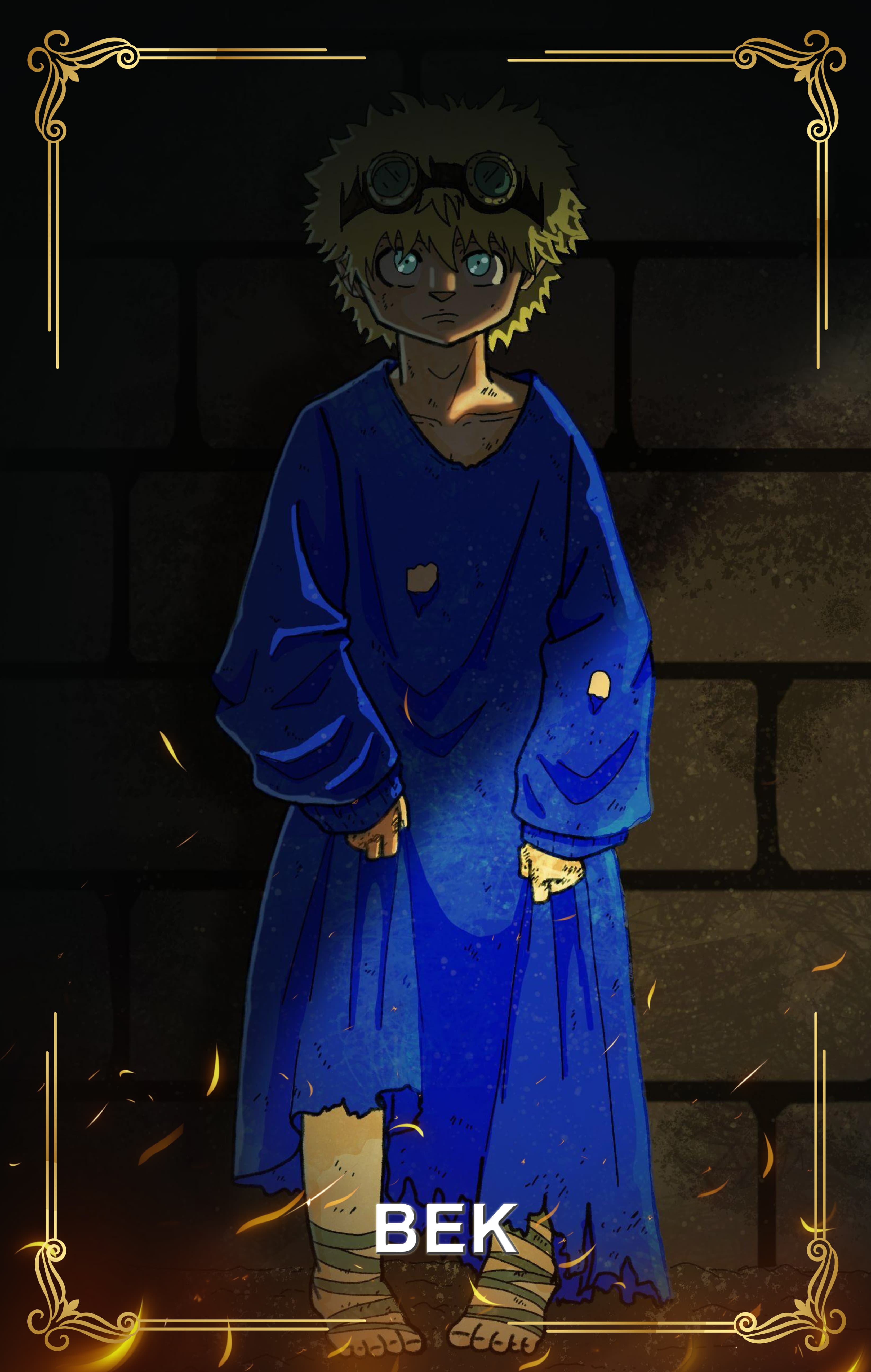 Bek standing before a dark stone wall