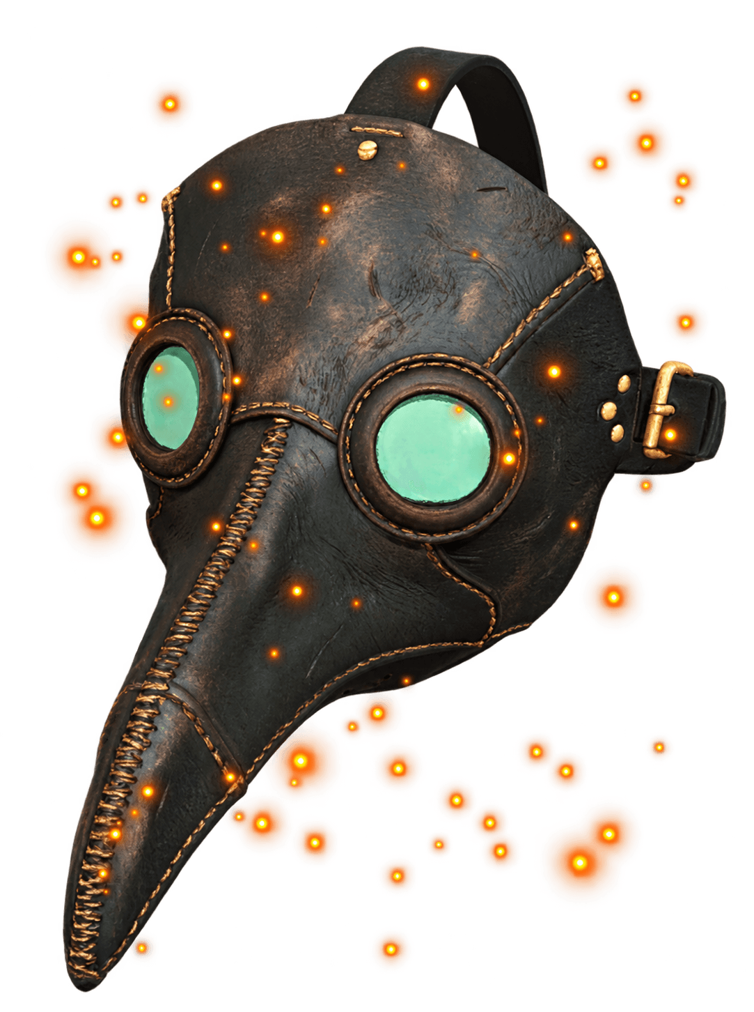 A stitched black plague mask with teal lenses and glowing embers