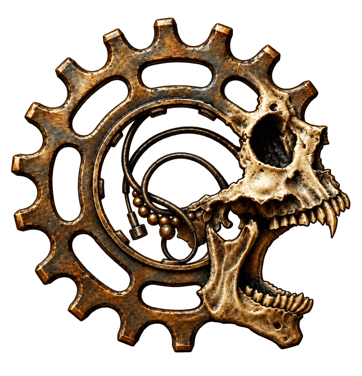 A weathered brass gear entwined with an animal skull